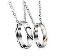 JSDDE Colliers Anneaux Personnalisés Prénoms Initiales en Acier Inoxydable Colliers Couple Amoureux Bague Mariage Gravure Texte à Chaîne Maille Argent Cadeau Anniversaire Valentin (Coeur Separable)