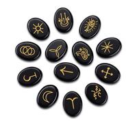 JSDDE Lot 13pcs Runes Divinatoires Vikings en Pierres Naturelles pour Divination Pierres et Cristaux en Vrac Ovale Graver Runes Sorcières Doré Ésotérique Radiesthésie Méditation Guérison (Obsidienne)