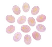 JSDDE Lot 13pcs Runes Divinatoires Vikings en Pierres Naturelles pour Divination Pierres et Cristaux en Vrac Ovale Graver Runes Sorcières Doré Ésotérique Radiesthésie Méditation Guérison (Quartz Rose)
