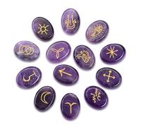 JSDDE Lot 13pcs Runes Divinatoires Vikings en Pierres Naturelles pour Divination Pierres et Cristaux en Vrac Ovale Graver Runes Sorcières Doré Ésotérique Radiesthésie Méditation Guérison (Améthyste)