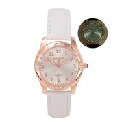JSDDE Montre Analogique Quartz pour Femme 32mm Cadran Lumineux Rond Or Rose Brillant Pavé de Strass Chiffres Arabes Élégant Montre Bracelet en Cuir PU Ajustable Mouvement Quartz pour Fille (Blanc)