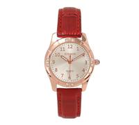 JSDDE Montre Analogique Quartz pour Femme 32mm Cadran Lumineux Rond Or Rose Brillant Pavé de Strass Chiffres Arabes Élégant Montre Bracelet en Cuir PU Ajustable Mouvement Quartz pour Fille (Rouge)
