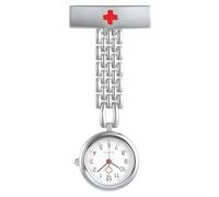 JSDDE Montre Infirmières en Acier Inoxydable avec Broche Montre de Poche Gousset Médecins Bracelet Maille Chiffres Arabes Gravuer Croix Rouge avec Épingle Sûreté Cadeau pour Personnel Médical (Argent)