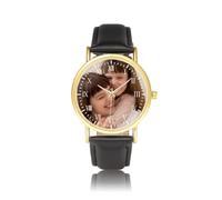JSDDE Montre Photo Personnalisé pour Femme Homme, Montres Analogique Quartz Grand Cadran Facile à Lire en Métal, Montre Personnalisable Photo Image en Cuir Lisse Noir Cadeau Anniversaire (Cadran Or)