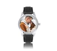 JSDDE Montre Photo Personnalisé pour Femme Homme, Montres Analogique Quartz Grand Cadran Facile à Lire en Métal, Montre Personnalisable Photo Image Bracelet Cuir Texturé Cadran Argent (Bracelet Noir)