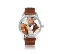 JSDDE Montre Photo Personnalisé pour Femme Homme, Montres Analogique Quartz Grand Cadran Facile à Lire en Métal, Montre Personnalisable Photo Image Bracelet Cuir Texturé Cadran Argent (Bracelet Brun)
