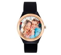 JSDDE Montre Photo Personnalisé pour Femme Homme, Montres Analogique Quartz Grand Cadran Facile à Lire en Métal, Montre Personnalisable Photo Image Bracelet en Silicone Boîte Or Rose (Noir)