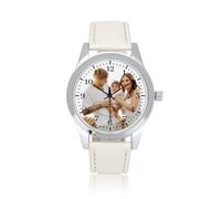 JSDDE Montre Quartz Photo Personnalisée pour Homem Garçon Montre Classique 40mm Cadran Rond Argent avec Ta Photo Image Bracelet en Cuir Serpent 3 Couleurs Cadeau Copain Père Anniversaire (Blanc)