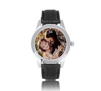 JSDDE Montre Quartz Photo Personnalisée pour Homem Garçon Montre Classique 40mm Cadran Rond Argent avec Ta Photo Image Bracelet en Cuir Serpent 3 Couleurs Cadeau Copain Père Anniversaire (Noir)