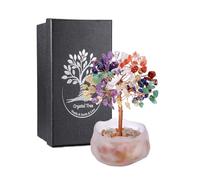 JSDDE Petit Bonsai Arbre de Vie en Pierres Naturelles pour Décoration Maison Porte Bonheur Arbre de Cristal Pierres Précieuses avec Bol en Verre Dépoli Irrégulier Ornement Reiki Guérison (7 Chakra)