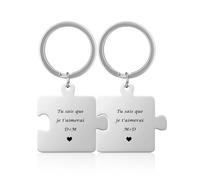 JSDDE Porte-clés di Puzzle Personnalisé Prénoms Initiales en Acier Inoxydable pour Femme Homme Porte Clef Amitié et Amour Gravure Personnalisable Texte Cadeau Couple Famille Meilleurs Amis (2 Argent)