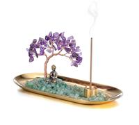 JSDDE Porte-encens Baton avec Arbre de Vie en Pierres Chakras Décoratif Brûleur d'encens Cendres avec Petite Statue Bouddha Ornement Décorazione Intérieur Reiki Méditation Lithotherapie (Améthyste)