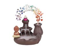 JSDDE Porte Encens Cascade avec 7 Chakra Arbre de Vie en Pierres Naturelles Brûleur Cône Encens Refoulement Arbre Cristal Porte Bonheur Zen Ornement Décoration Statue Bouddha Encensoir Yoga Guérison