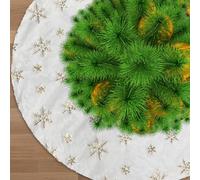 Jsdoin Jupe de Sapin de Noël 90cm, Peluche Blanche à Double Couche Couverture de Sapin de Noël, avec Flocons de Neige Dorés, pour Décoration de Noël, Décoration Sapin de Noël