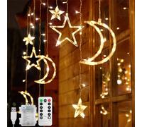Jsdoin LED Guirlande Lumineuse - 3,5 m Rideau Lumineux Étoile et lune - 8 modes clignotants - Décoration pour Noël, mariage, fête, maison, terrasse, Ramadan, pelous (B - Blanc Chaud)