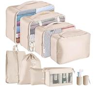 Jsdoin Lot de 9 cubes d'emballage pour valise, organiseurs de bagages de voyage pour sac à dos, sac de voyage imperméable, accessoires de voyage (Beige, 9 Pcs)