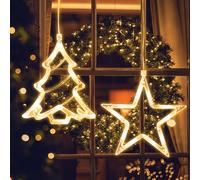 Jsdoin Lumières LED de Noël, Étoile et Arbre de Noël Lumières de Ventouse, Minuteur, Alimenté par Batterie, Rideau Suspendu Lumière pour Décoration de Christmas, Fête, Mariage