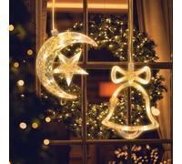 Jsdoin Lumières LED de Noël, Lune et Cloche Lumières de Ventouse, Minuteur, Alimenté par Batterie, Rideau Suspendu Lumière pour Décoration de Noël, Fête, Mariage