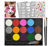 Jsdoin Palette Maquillage Enfants, 15 Couleurs Kit Maquillage Enfant, Avec 2 Pinceaux, 40 Pochoir, 1 Diamant Autocollant pour Carnaval Halloween Cosplay Fête D'anniversaire