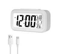 Jsdoin Réveil Numérique, Alarm Réveil LED avec Température, Fonction Snooze, 12/24H Conversión, du Calendrier, pour Chambre à Coucher, Bureau, Cuisine(Rechargeable, Blanc)