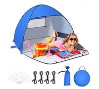 Jsdoin Tente de Plage Pop Up pour,Système Pop-Up,Haute Protection Solaire FPS 50+, Abri de Plage Anti UV, avec Sac de Transport et Piquets (L (2 à 3) Personnes- Bleu)