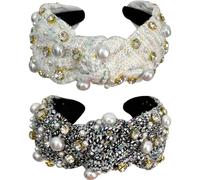 Jseng Lot de 2 bandeaux élastiques à cheveux faits à la main avec perles tressées en forme de croix et strass pour femme
