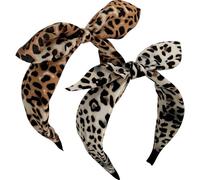 Jseng Lot de 2 bandeaux noués pour femme, bandeaux à nœud, bandana léopard, jolis bandeaux à oreilles de lapin beige, marron