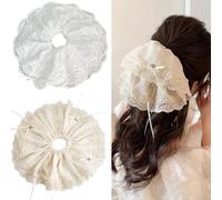 Jseng Lot de 2 chouchous extra larges en dentelle pour cheveux, élastiques à cheveux en dentelle coréenne, beige et noir