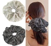 Jseng Lot de 2 chouchous extra larges pour cheveux, motif floral bohème, beige et noir