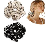 Jseng Lot de 2 grands chouchous en satin de soie pour cheveux, élastiques à rayures, beige et noir