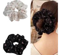 Jseng Lot de 2 grands chouchous en soie pour cheveux, élastiques à cheveux à motif floral, blanc et noir