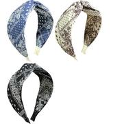 Jseng Lot de 3 bandeaux noués pour femme, bandeaux vintage bohèmes, bandeaux larges tendance avec nœud croisés marron, bleu et noir