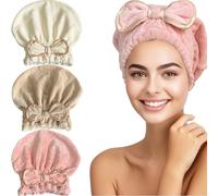 Jseng Lot de 3 bonnets en microfibre pour cheveux mouillés avec joli nœud papillon, bonnet à séchage rapide pour cheveux longs et bouclés pour femme