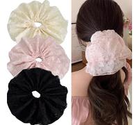 Jseng Lot de 3 chouchous extra larges en dentelle coréenne pour cheveux, beige, rose, noir