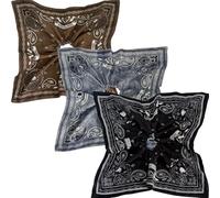 Jseng Lot de 3 grands chouchous carrés - Motif bohème classique - Élastiques pour cheveux - Pour femme - Spiritueux et indisciplinés - Marron vintage, bleu et noir