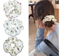 Jseng Lot de 3 grands chouchous floraux pour cheveux, jolis élastiques à cheveux, rose, bleu et vert