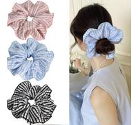 Jseng Lot de 3 grands chouchous vichy pour cheveux, jolis élastiques à cheveux, beige et noir