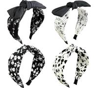 Jseng Lot de 4 bandeaux noués pour femme, bandeaux à nœud, bandana floral noir, jolis bandeaux à oreilles de lapin blanc et noir