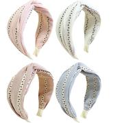 Jseng Lot de 4 bandeaux noués pour femme, bandeaux à rayures florales, bandeaux larges tendance avec nœuds croisés blancs, bue, rose et rouge