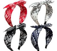 Jseng Lot de 4 bandeaux noués pour femme, motif cachemire bohème, nœud floral, bandana, oreilles de lapin, accessoires pour cheveux, blanc, rouge, bleu marine, noir