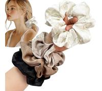 Jseng Lot de 4 chouchous en satin de soie pour cheveux, grands élastiques à cheveux, marbre, blanc, gris moka, café et noir