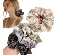 Jseng Lot de 4 chouchous en satin de soie pour cheveux, grands élastiques à cheveux, motif floral, beige, vert, gris et noir
