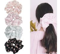 Jseng Lot de 4 grands chouchous en soie pour cheveux, élastiques à cheveux doux à motif floral, abricot, rose, bleu, noir