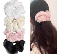 Jseng Lot de 4 grands chouchous moelleux pour cheveux, élastiques à cheveux doux, blanc, beige, rose et noir