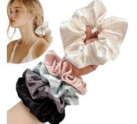 Jseng Lot de 5 chouchous en satin de soie pour cheveux, grands élastiques à cheveux, crème, rose, bleu clair, gris et noir