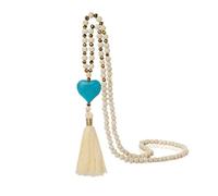 JSGHGDF Collier à franges fluides avec fausse pierre turquoise bleue et perles en bois blanches - Collier de perles d'inspiration non conformiste, One Size, Comme décrit, Comme décrit.
