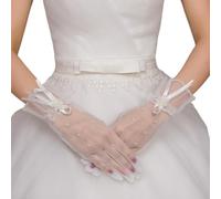 JSGHGDF Gants de mariée en maille respirante avec perles - Longueur courte pour des accessoires de mariage confortables et des fonctions spéciales - Gants en dentelle délicate avec perles, blanc