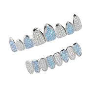 JSGHGDF Grillz en métal à 8 dents ornées de strass - Décoration élégante pour costumes et célébrations - Grillz en acier inoxydable avec zircone bleue