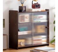 JSLJJBD Bambou Étagère à Livres Escalier de Bureau Bibliothèque Compacte avec Portes Coulissantes Semi-Transparentes Étagère vitrine Multiniveau Présentoir po Coffee Brown Right-Angle Style, 4 Layers