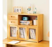 JSLJJBD Bambou Étagère à Tiroirs pour Bureau Bibliothèque Table de Travail avec Portes en Verre Meuble de Rangement Multicompartiments pour Livres Fournitures de Bure Natural Wood 62cm Double Drawers